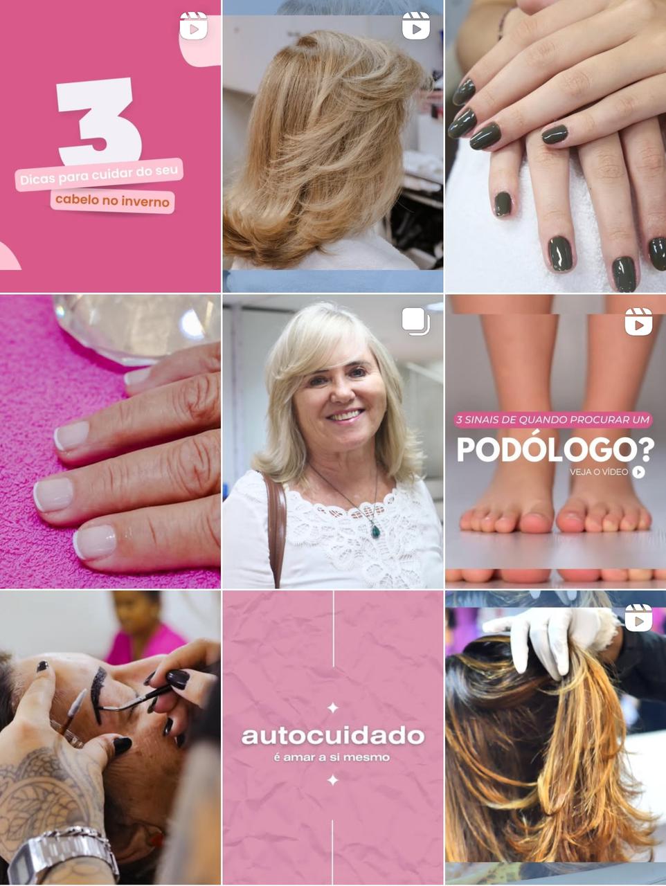 Projeto em destaque: Estratégia de feed para salão de beleza com grid de conteúdos sobre cabelos, unhas e autocuidado
